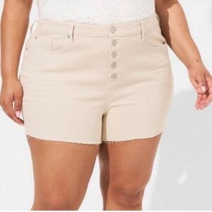 NEW TORRID Khaki Light Tan Button Fly Raw Hem Denim Shorts 18